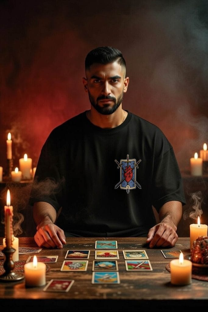 Hombre usando playera negra oversize con estampado 3 de espadas, mientras hace una tirada de tarot
