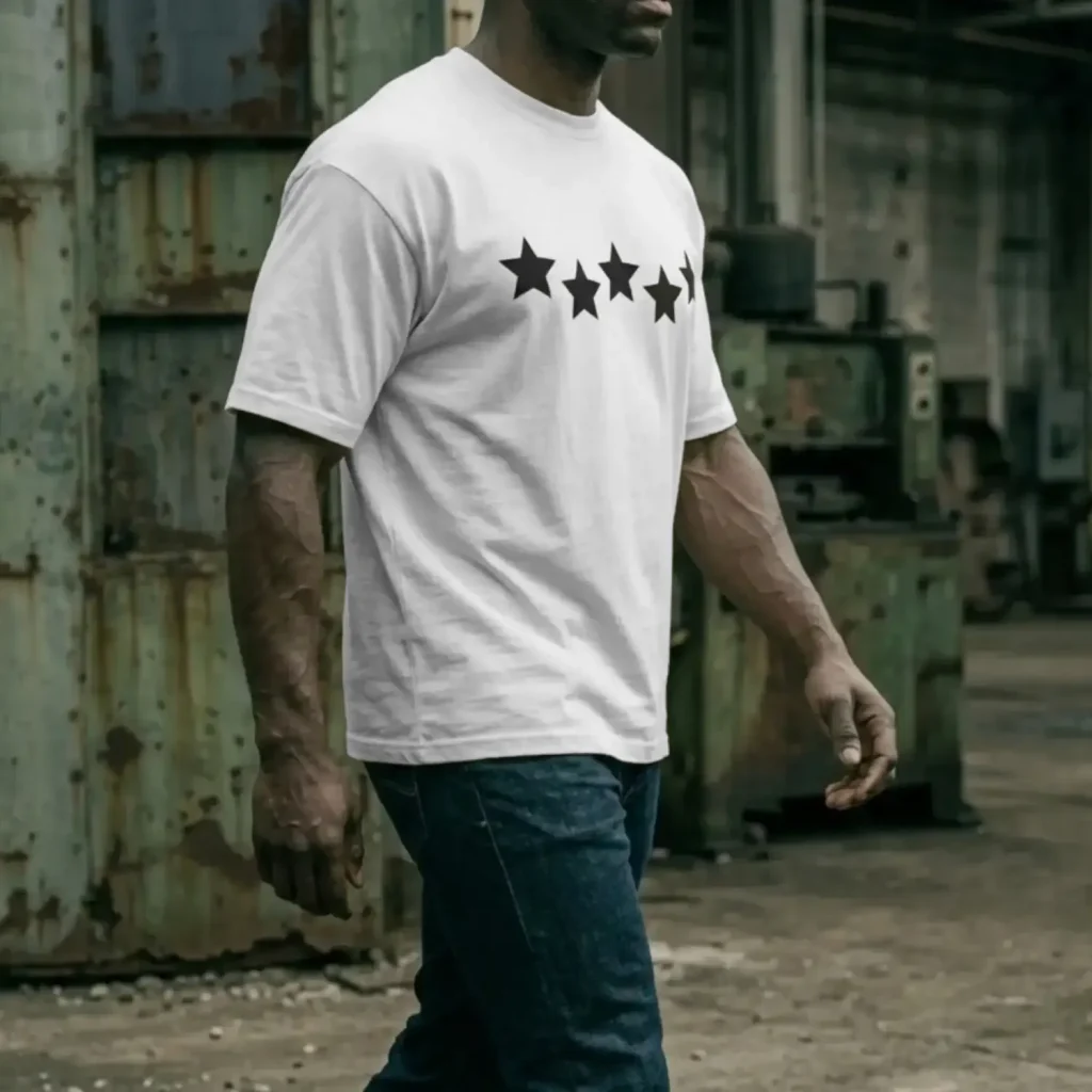 hombre caminando usando playera blanca oversize estampado estrellas high standard cloud edition