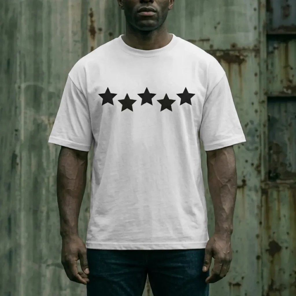 hombre modelando playera blanca oversize estampado estrellas high standard cloud edition