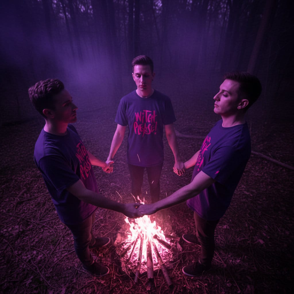 3 hombres gay haciendo hechizos en el bosque