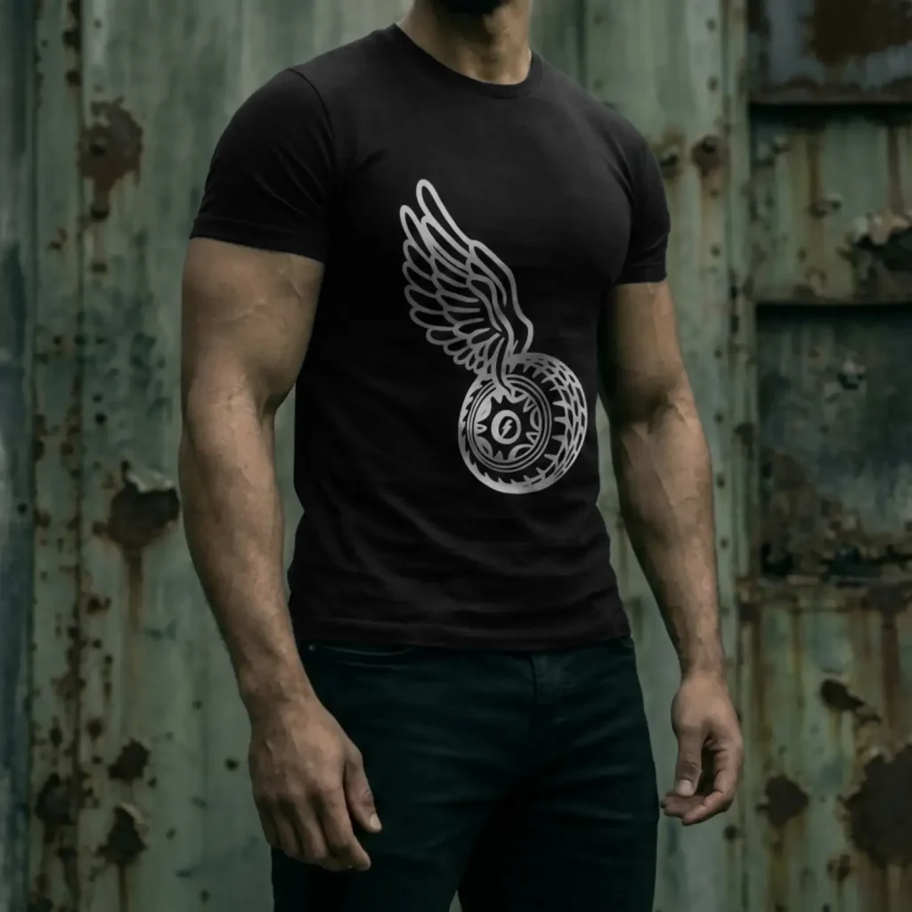 Hombre de perfil usando playera negra llanta alada corte regular de Toyfriendz