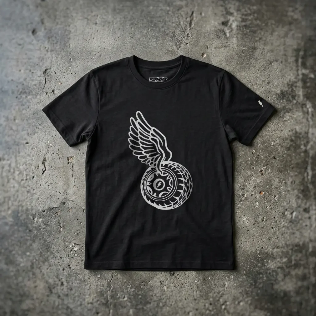 Playera negra corte regular cone etampado de llanta alada