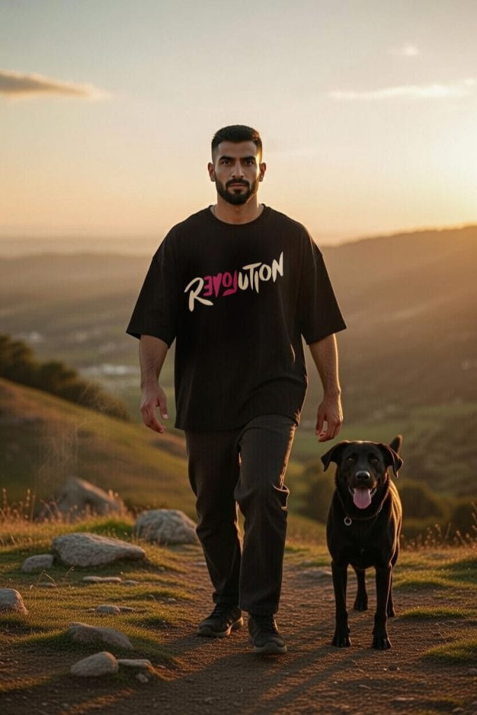 Hombre caminando junto a un perro usando la playera negra oversize con estampado de Love Revolution