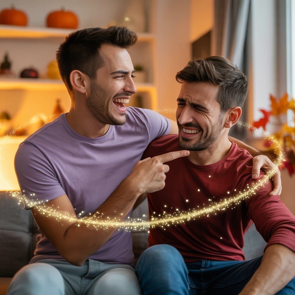 Pareja gay sonriendo en halloween resolviendo conflictos