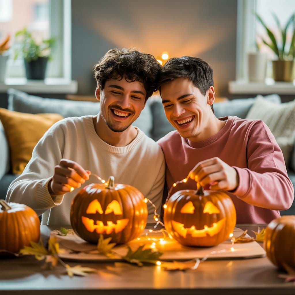 Dos hombres gay en una relación disfrutando de la Navidad con temática de Halloween