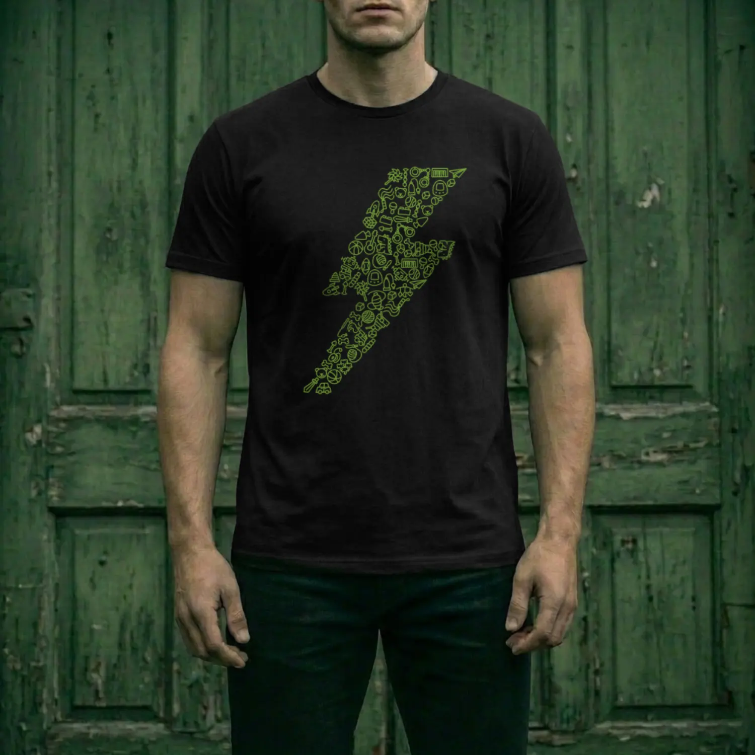 Playera de trueno con iconos de juguetes en su interior color verde