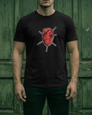 Hombre usando playera negra con estampado de voodoo