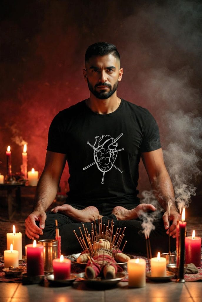 Hombre practicando voodoo mientras usa la playera negra Voodoo Love